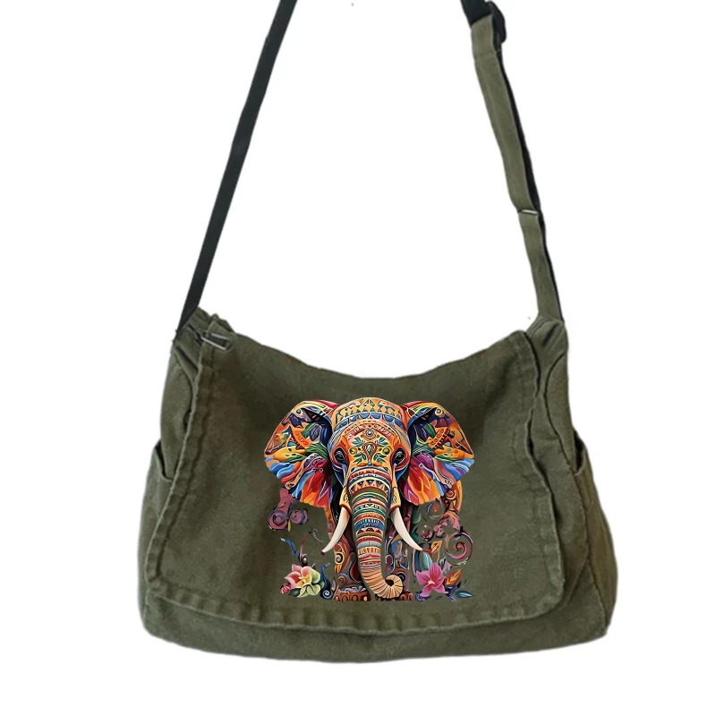 

Vintage Women's Bag Large Capacity Elephant Print Canvas Shoulder Bag For Women Multiple Pockets Flap Bag Commuting