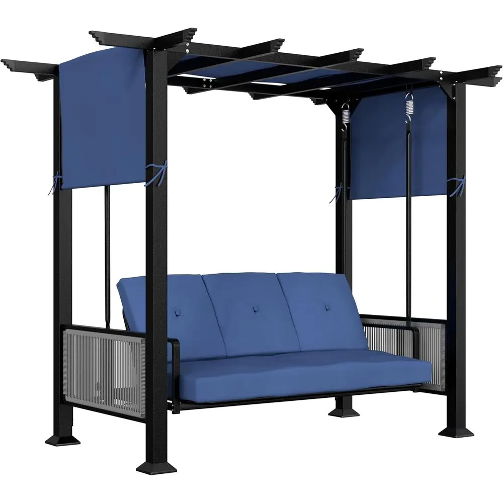 

Blue Outdoor Metal 3-Seat Swing Bed with Adjustable Curtains, Cushioned Porch Swing for Patio, Backyard, Garden