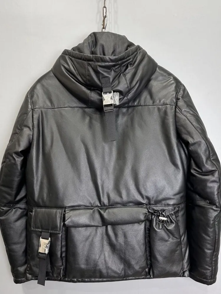 Youthful Vitality Style Hooded Genuine Leather Comfortable Down Coat Loose Zipper Long Sleeves Buckle Warm Male Outerwear