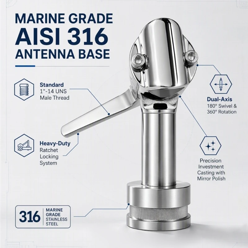 Adjustable Marine Antenna Mount with 360-Degree Pivoting Head and 316 Stainless Steel Deck Base for Communication Antenna H9EE