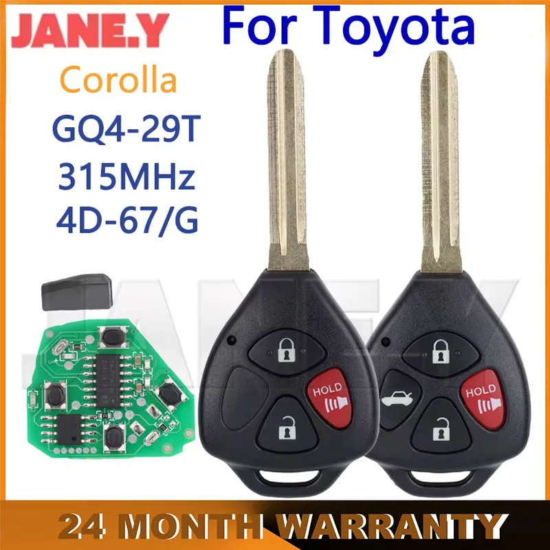 JANE.Y - Llaves de Coche con Control Remoto GQ4-29T para Toyota Corolla Venza 2010-2015, Chip Transponder 4D 67 G, 315Mhz GQ429T