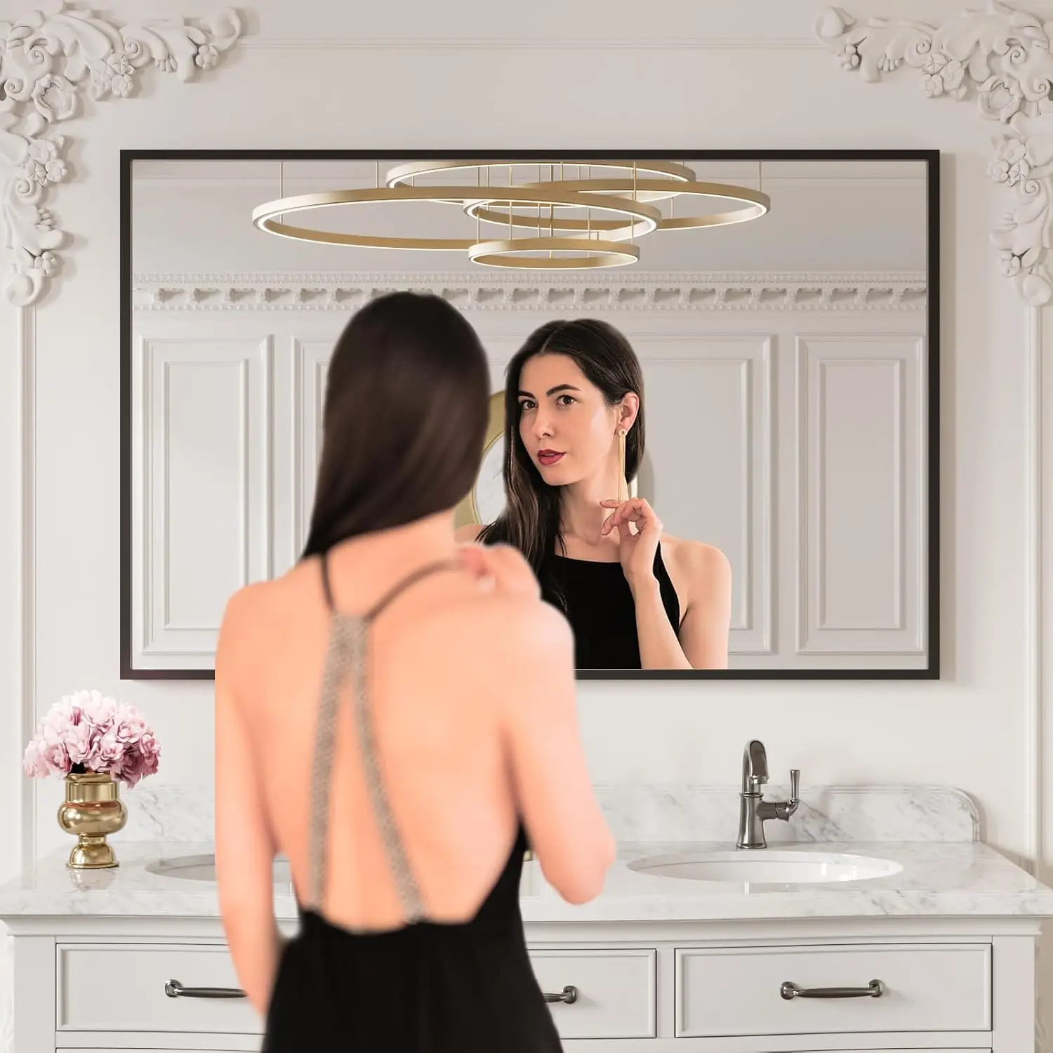48 X30 Black Rectangle Bathroom Mirror Matte Aluminum Alloy Frame Tempered Glass Hangs Vertically Horizontally Easy Install