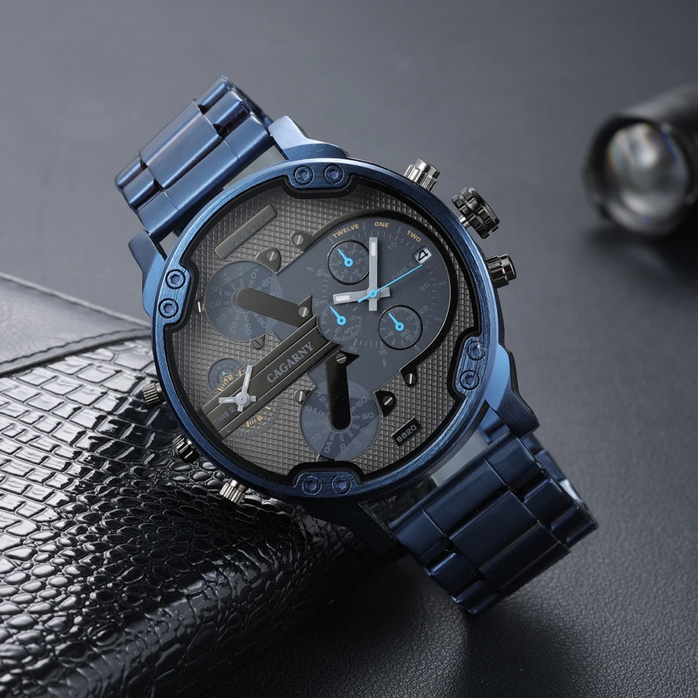 CAGARNY Brand 6820 Man\'s Large dial Casual Fashion Quartz Wrist watch Waterproof dual time zone Stainless Steel Watches for Men