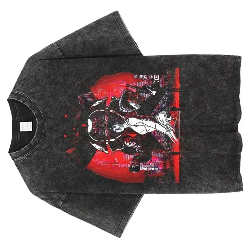 Men's 2025 Anime Ghost in the Shell Washed T-Shirt Graphic Manga Harajuku Style Unisex Summer Top Streetwear Male Clothing