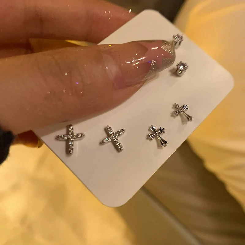 6Pcs/set Silver Color Rhinestone Cross Stud Earrings For Women Fashion Punk Earring Sets Trendy Jewelry Gifts