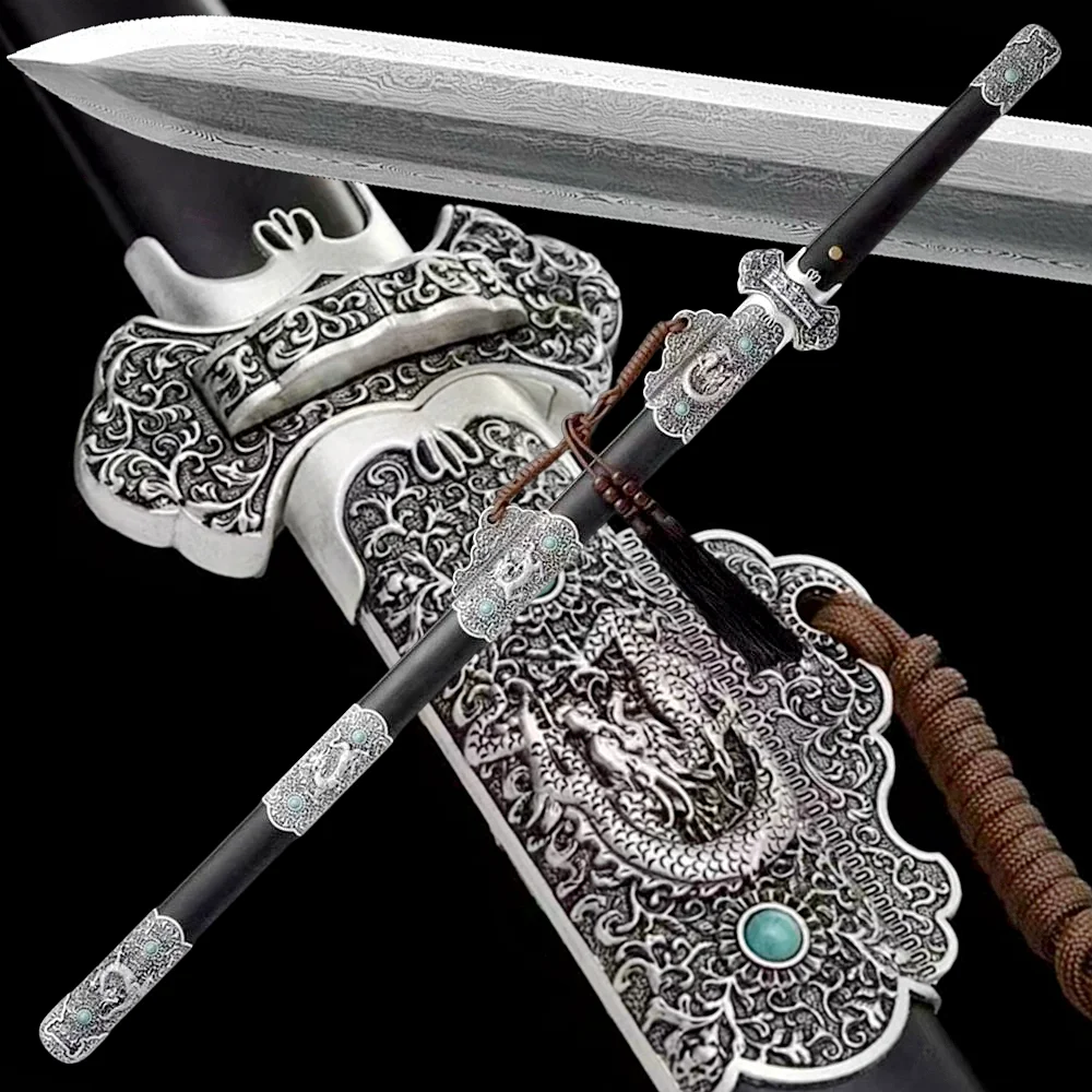 Folded Forging 8 Sides Damascus Steel Blade Double Edge Sword Han Tang Saber Chinese KungFu Dragon Jian Metal Alloy Fittings