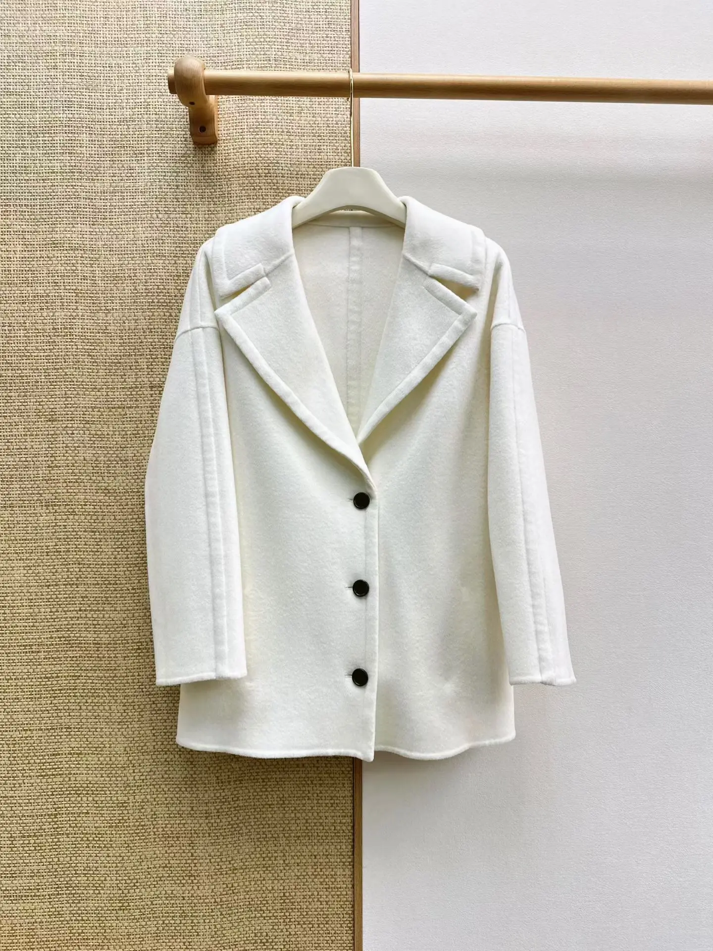 Women Leather Appliqué Single Breasted Blazer Fall Winter New, Large Lapel Handmade Double Faced Cashmere Coat, 90% Wool 10% Cas