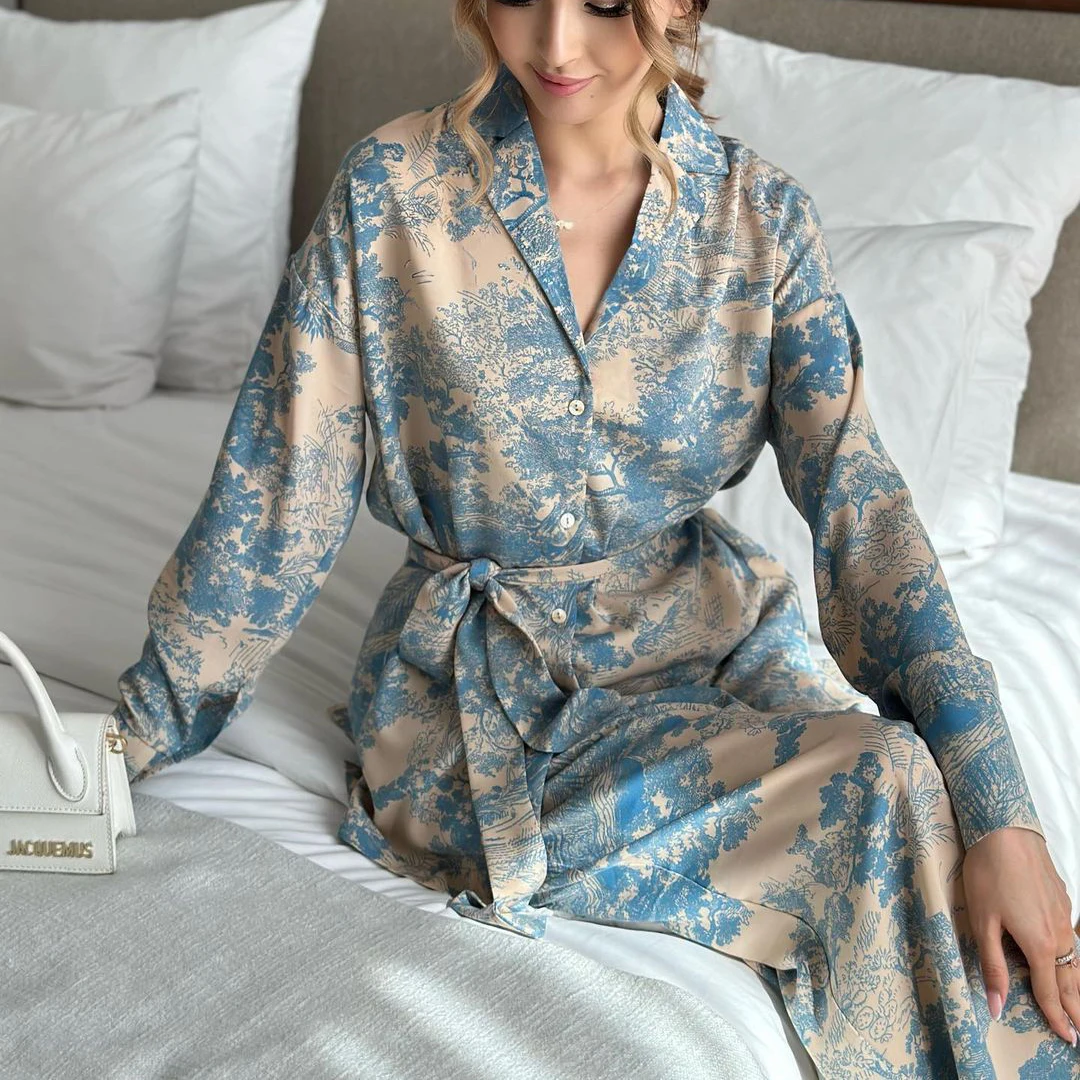 2PCS Pajamas Set Sleepwear French V-Neck Fashion Women's Clothing Loose Satin Wide Leg Pants Pijamas Suit Homewear