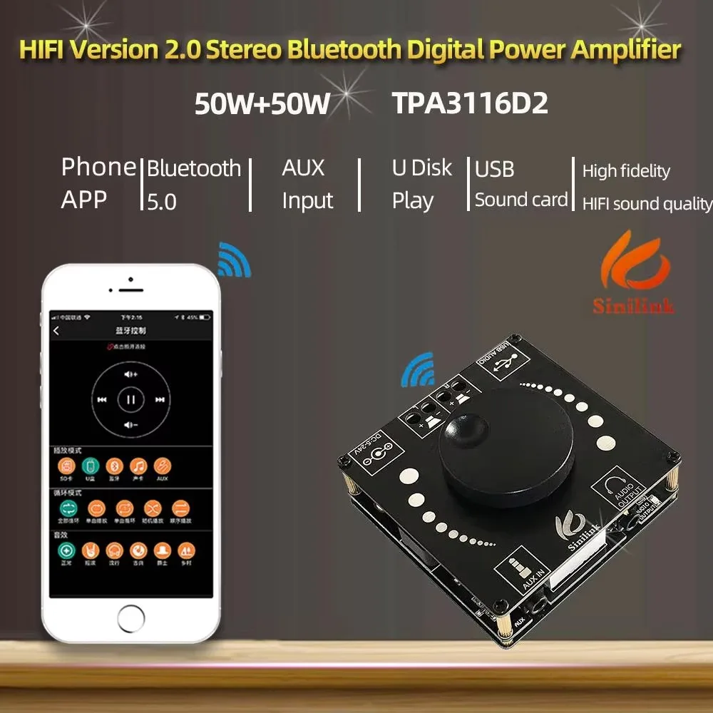 AP50H HIFI Bluetooth 5.0 Wireless Audio TPA3116D2 Digital Power amplifier Stereo board 50Wx2 Amp Amplificador USB AUX 3.5MM APP