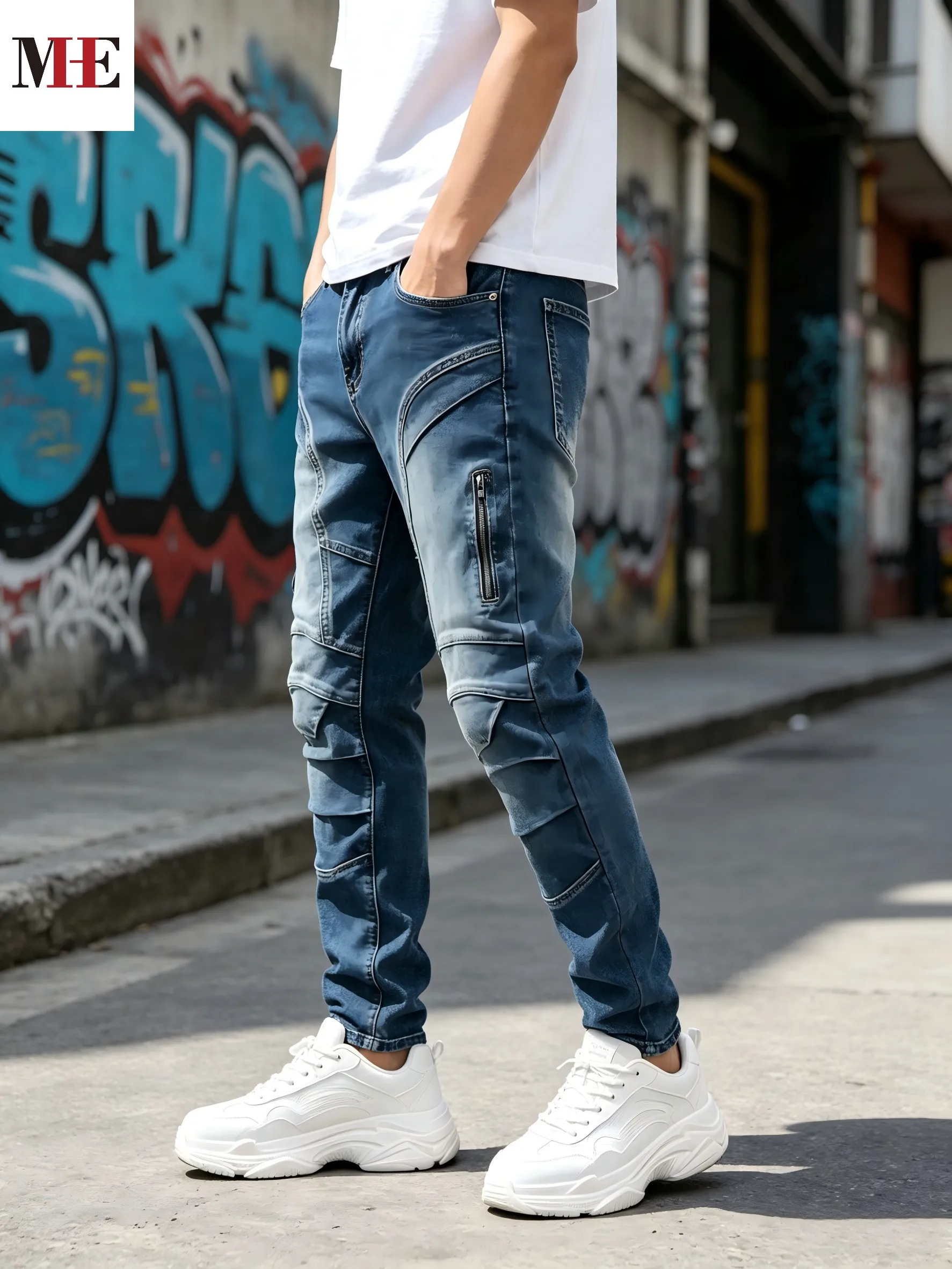HME Men's Stretch Denim Pants, Light Blue Flared Jeans with Cargo Pockets & Adjustable Hem