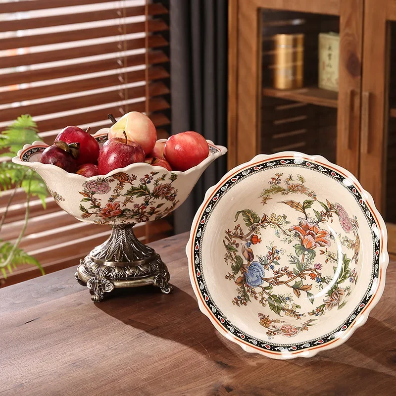 Fruit tray desktop ornament set American ceramic home light luxury living room European retro high foot large capacity highgrade