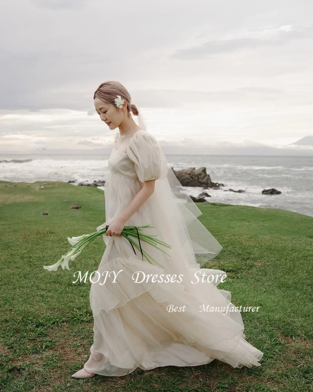 فساتين سهرة بأكمام منتفخة حلوة من Mojy بطبقة مستقيمة لحفلات الزفاف الكورية تبادل لاطلاق النار من الحرير تول فساتين حفلات مخصصة مشد لحفلات الزفاف