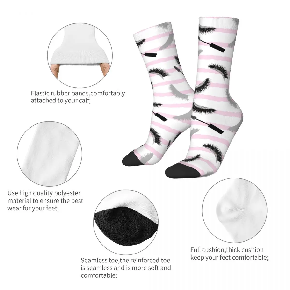 Cool Pink Lashes Pattern Soccer Socks Glitter Effect Lashes Polyester Crew Socks for Unisex Sweat Absorbing