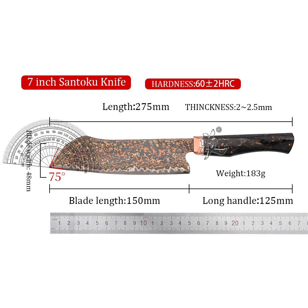 YAN Japanese 77 Layers Damascus VG10 10Cr15CoMoV Santoku Kitchen Knife Octagonal Copper Bolster Carbon Fiber Handle