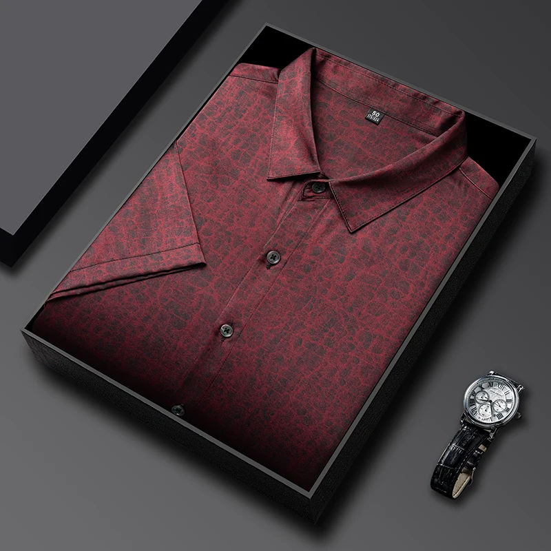 Silk Blends Dress Men Shirt Short Sleeve Crack Print Casual Cool Summer Quality Gambiered Canton Gauze Premium Camisas De Hombre