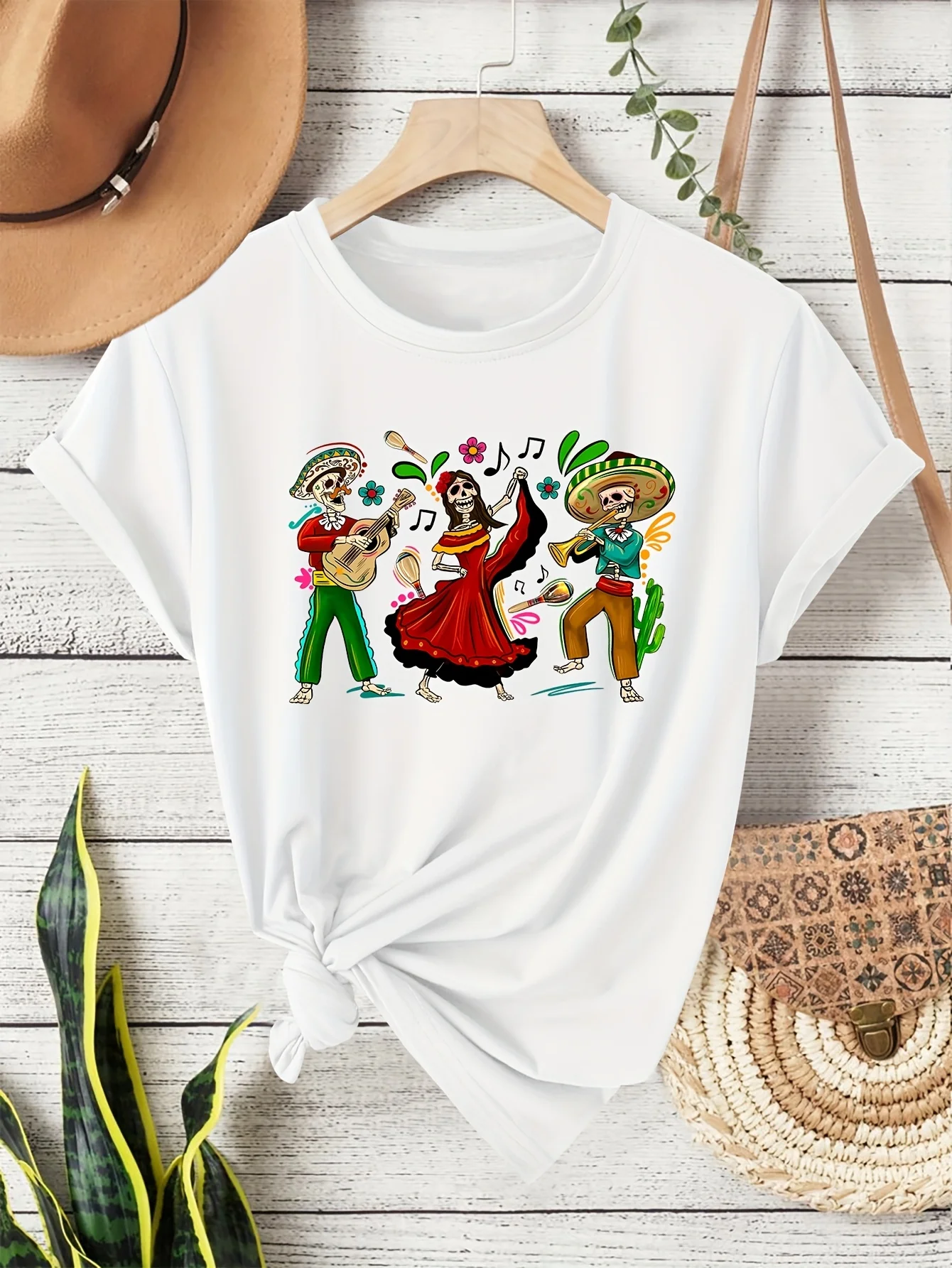 Women's Round Neck Short Sleeve T-Shirt Mexican Style Wide Brim Hat Cinco De Mayo Festival Skull Playing and Dancing Print Tops