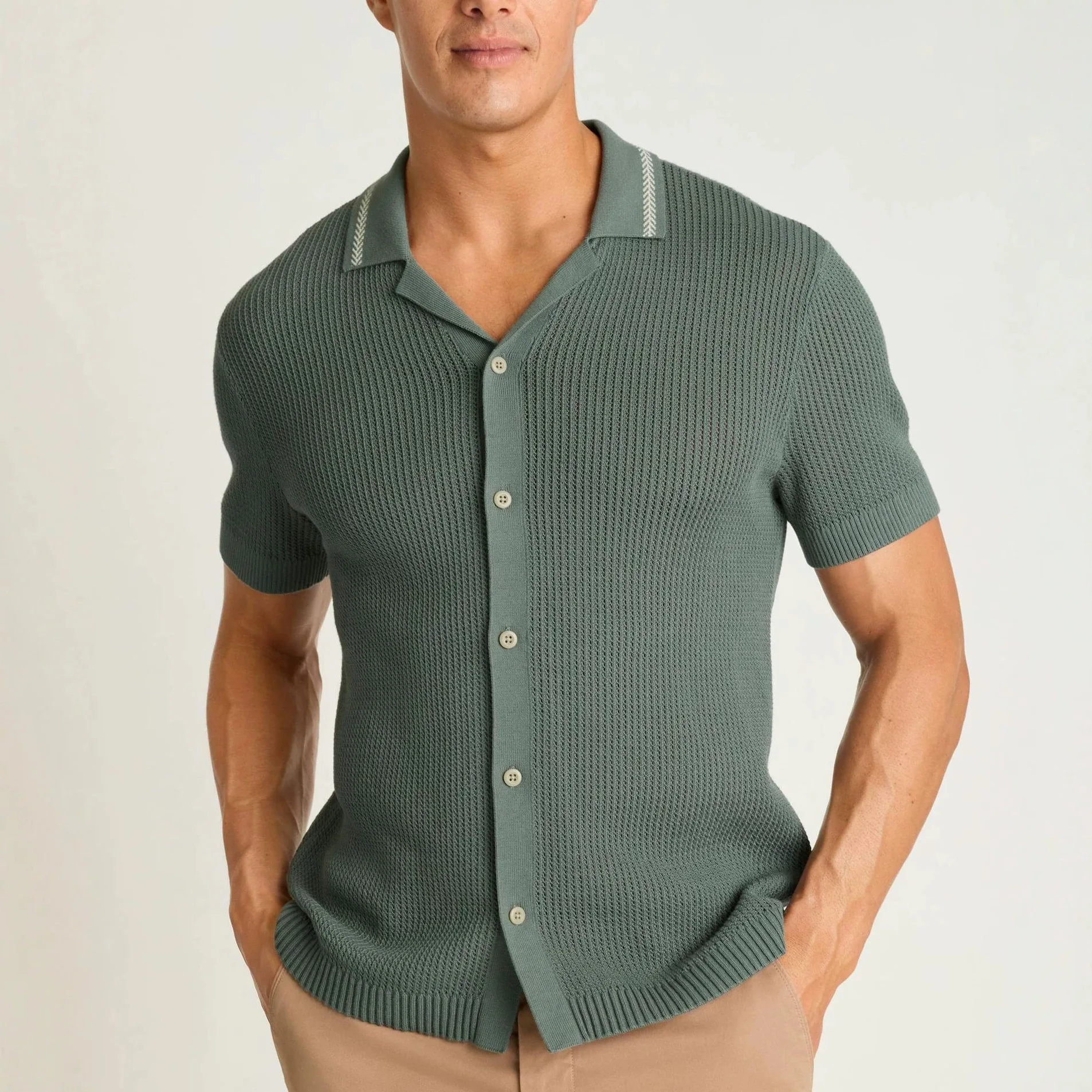 New men's hollowed-out air force green knitted cardigan, collared short-sleeved polo shirt, foreign trade cross-border menswear