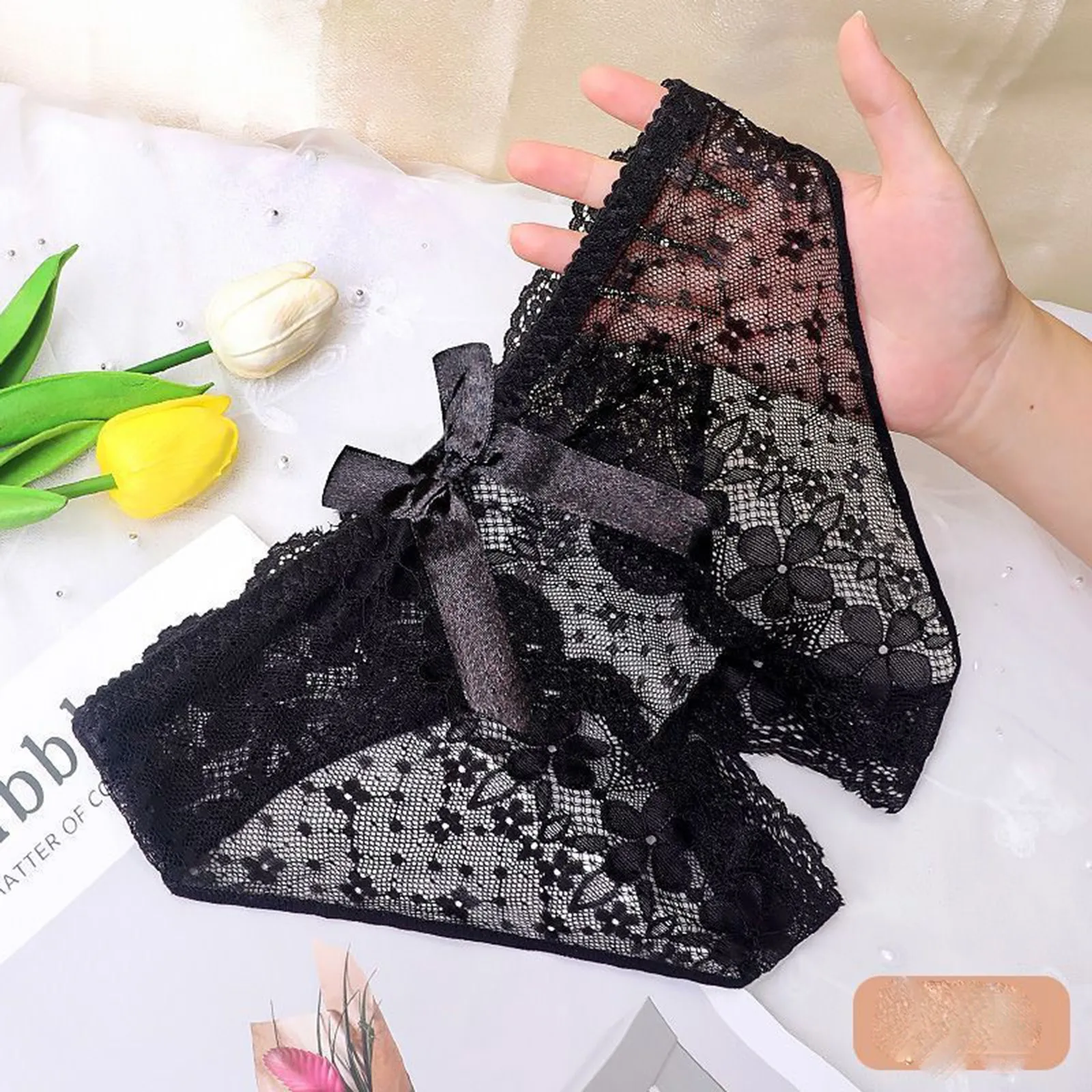 Sexy Crotchless Lace Panties Women\'s Mid Waist Bowknot Solid Color Breathable Super Thin Womens Underwear Lace Embroidered Brief