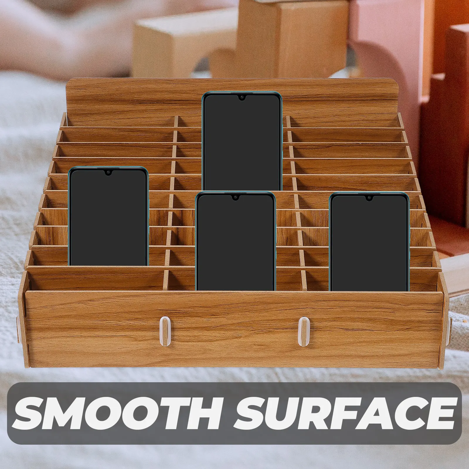 Wooden Phone Storage Organizer 30 Slot Rustic Desktop Management Box for Office Home Bedroom Living Room
