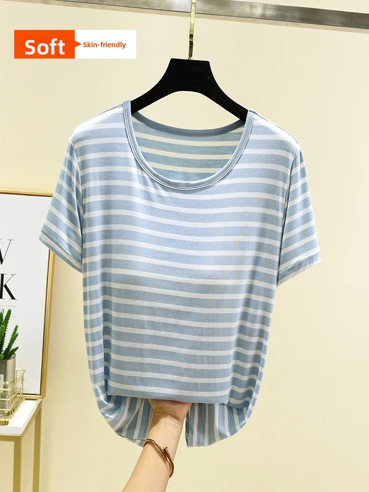 Women's round Ne ort Sve T-irt Modal Thin Summer Striped Base irt Slimming Top Casual Sle Regular Length