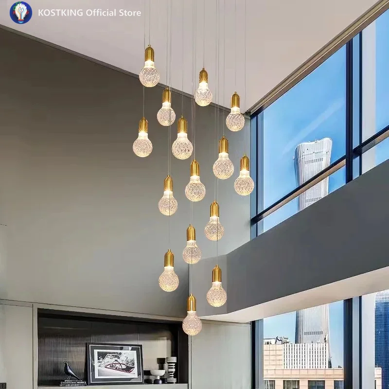 Stair Long Pendant Lamp Postmodern Minimalist Light Luxury Villa Duplex Building Living Room Glass Hanging Light For Dining Room
