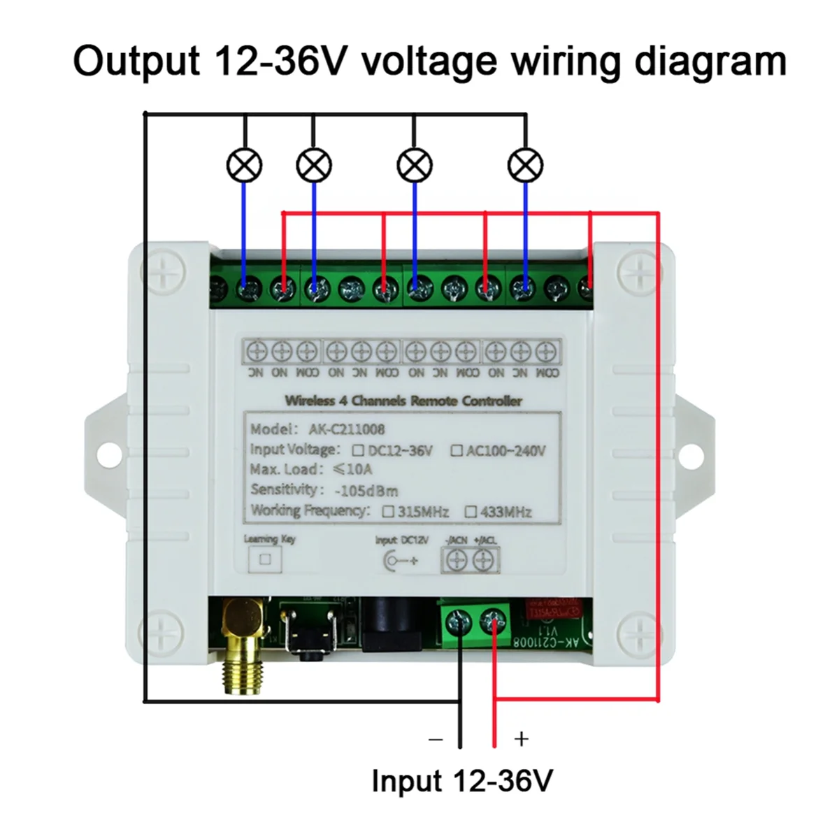 DC 12V 24V 36V 10A 433MHz 4 Channel Wireless Relay RF Remote Control Switch Receiver+4CH Transmitter,1 Receiver 2 Remote