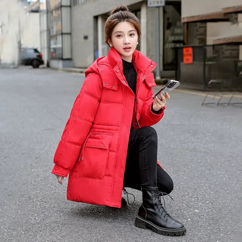 2024 Winter New Fashion Tight Waist Slimm Cotton Coat Thicke Warm Parka Średnio długa kurtka z kapturem z podszewką bawełnianą Płaszcz damski