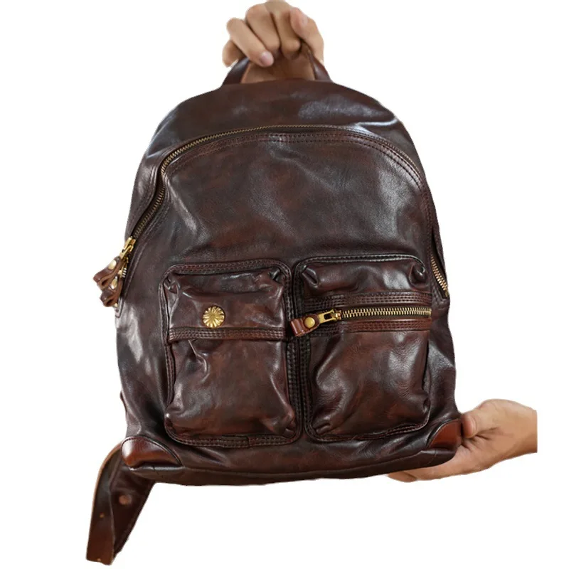 Mochila de couro genuíno para homens e mulheres, mochila ferradura de camada superior, estilo casual rua europeia, ferragens de cobre artesanais, acampamento ao ar livre