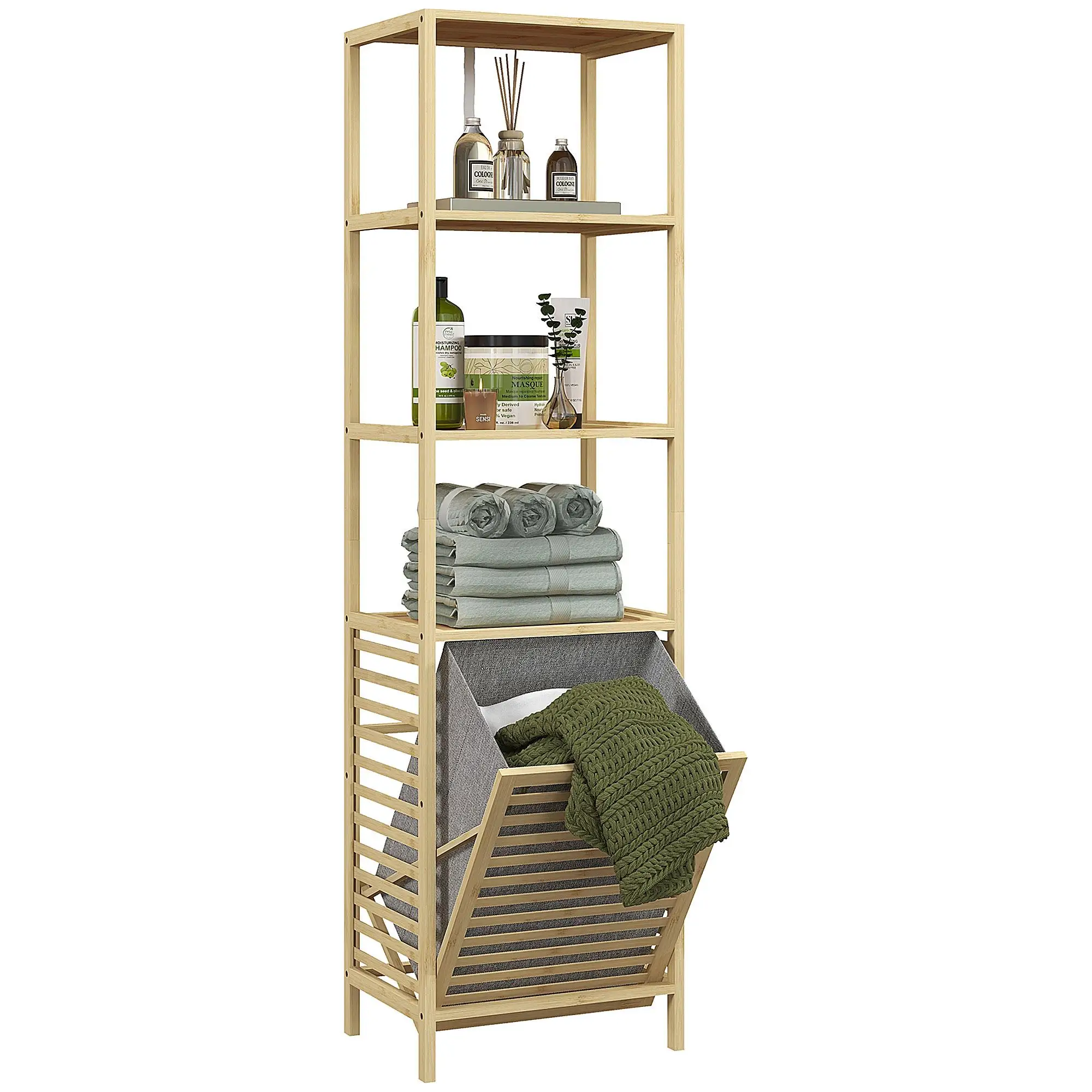 Étagère de salle de bain HOMCOM avec bac à linge, 3 étagères, bambou, 44x33x160cm naturel