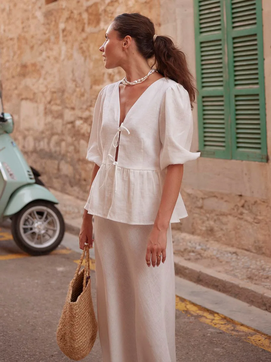 Women's Cotton V-Neck Lace-Up Top and Maxi Skirt Set