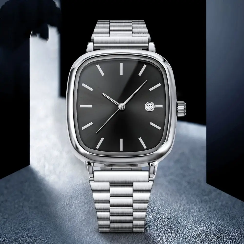 Modern Square Quartz Wristwatch Silver Metal Band Date Display Professional Business Casual Fashion Accessory For Adults