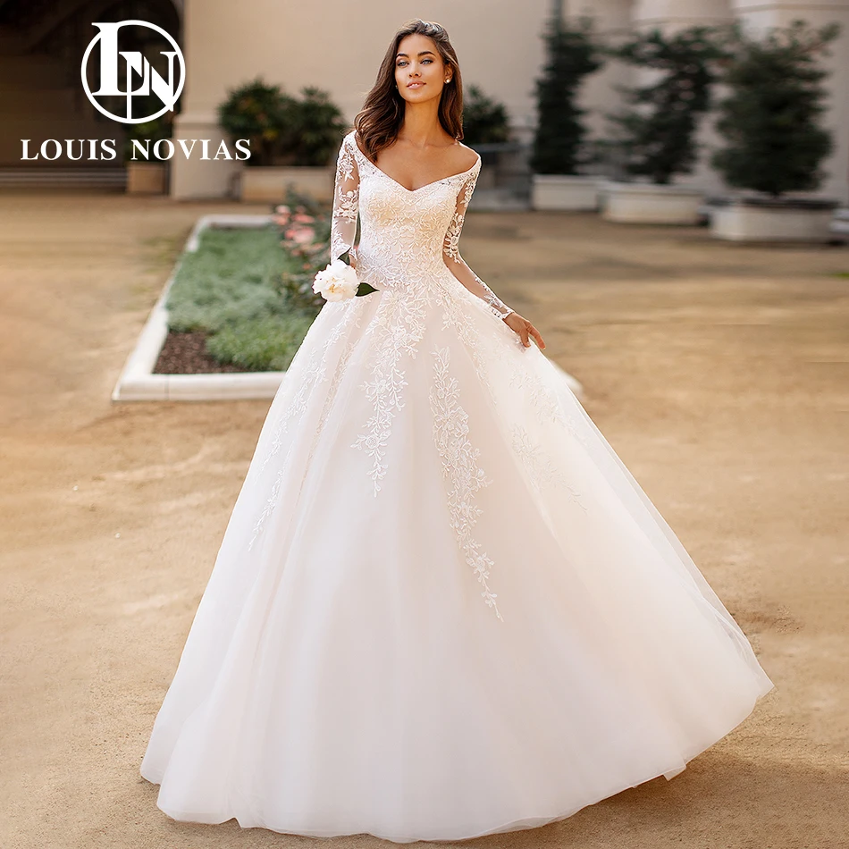 Louis Novias A-Linie Brautkleider für Frau 2024 Langarm V-Ausschnitt Applikationen Illusion Organza Brautkleid Vestidos de Novia