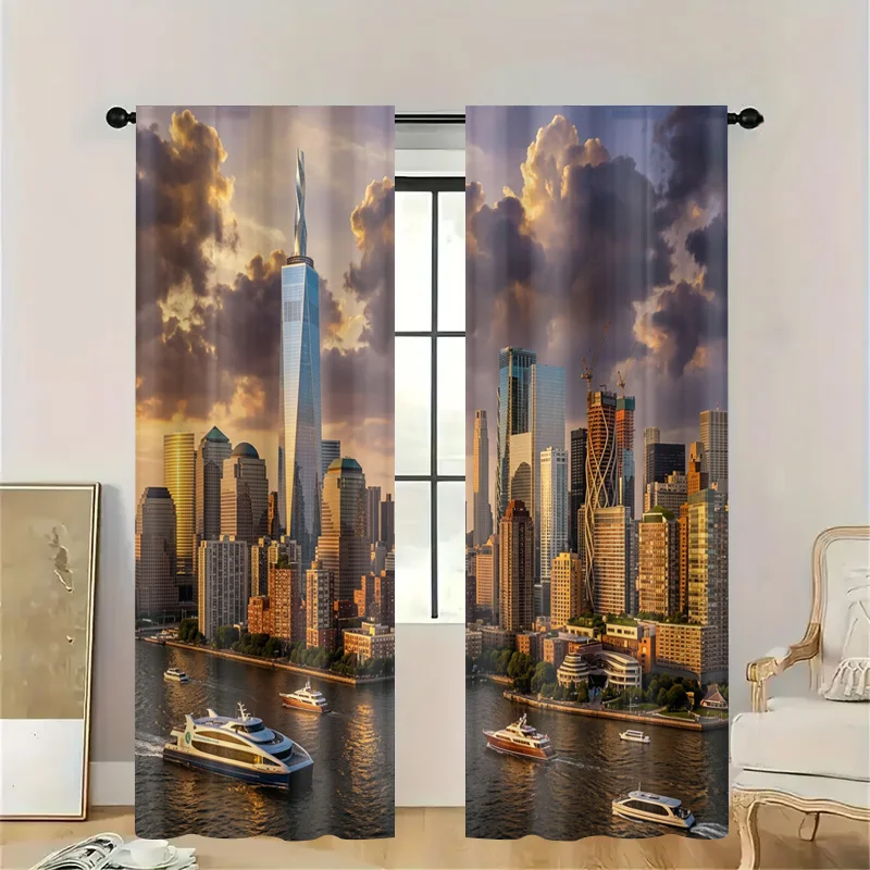 Elegant Cityscape Skyline Curtains Home Decor Window Filter Light Panel Modern Urban View Waterproof Beach Waterfront Style Blin