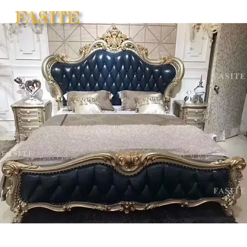 For King Queen Size Bed Frame Classic Luxury Royal Style High Quality Genuine Leather and Solid Wood Platform Bedroom