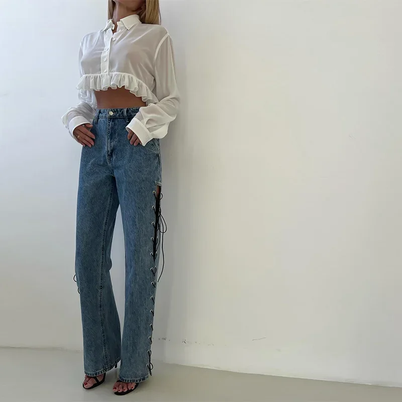 

CPSYMYM Y2K женские джинсовые брюки с вырезом на шнурке, модные джинсовые брюки с высокой талией и пуговицами, женские весенне-летние женские джинсы