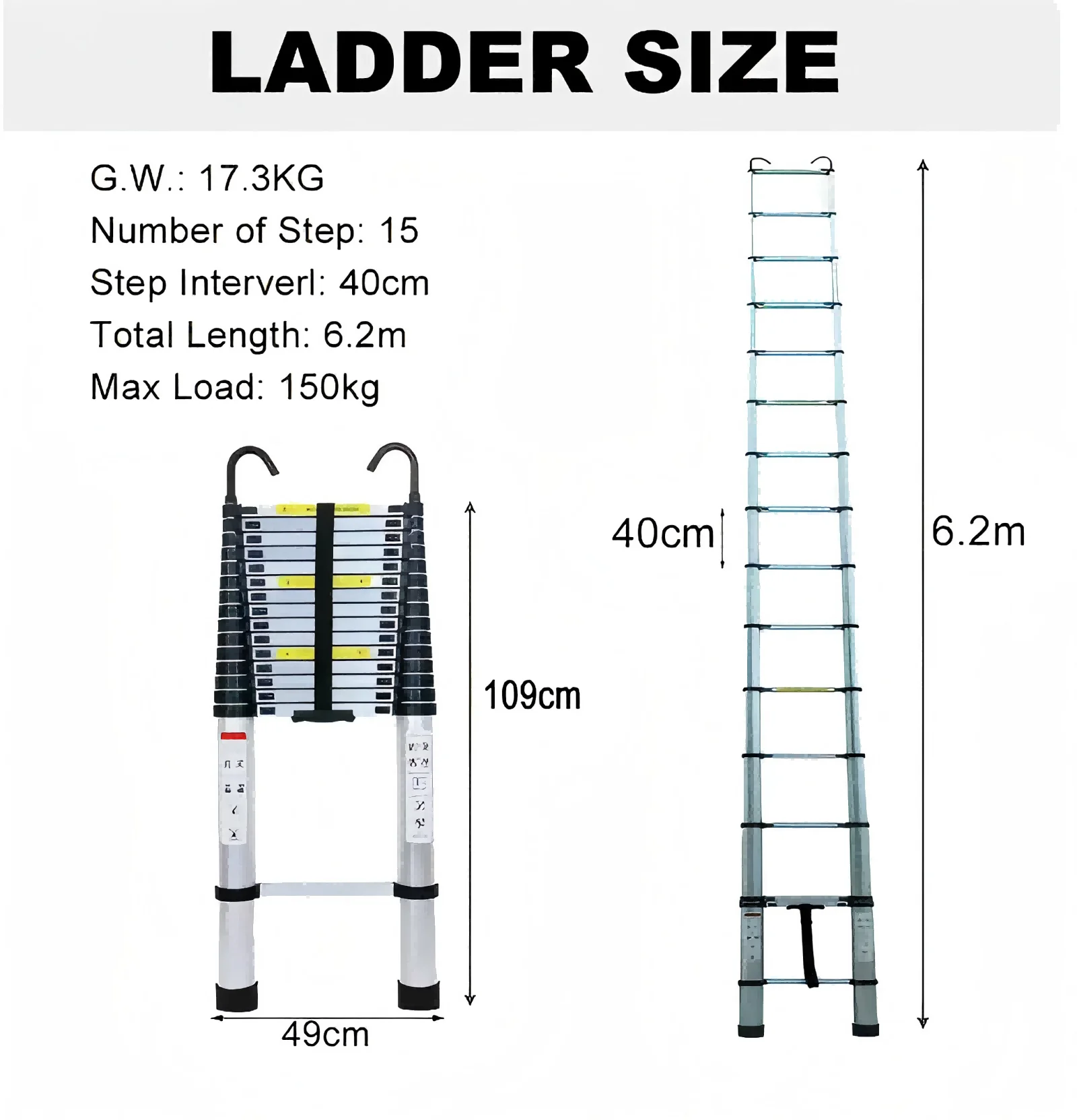 Multifunctionele 6,2 m telescopische ladder met haken, professionele aluminium multifunctionele telescopische ladder verwijderbare haakverlenging