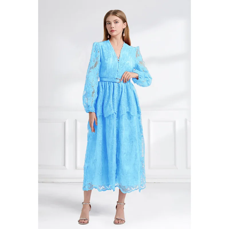 Vestido Longo de Aodão com Decote em V e Camadas Duplas, Estilo de Rua, Cintura Ajustável, Vestido de Renda de Alta Cintura