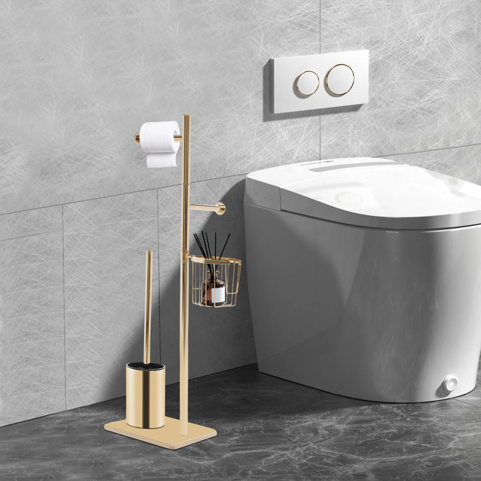 Bodenstehender Toilettenpapierhalter, Toilettenbürstenhalter mit Aufbewahrungskorb, multifunktionales, vertikales integriertes Aufbewahrungsregal
