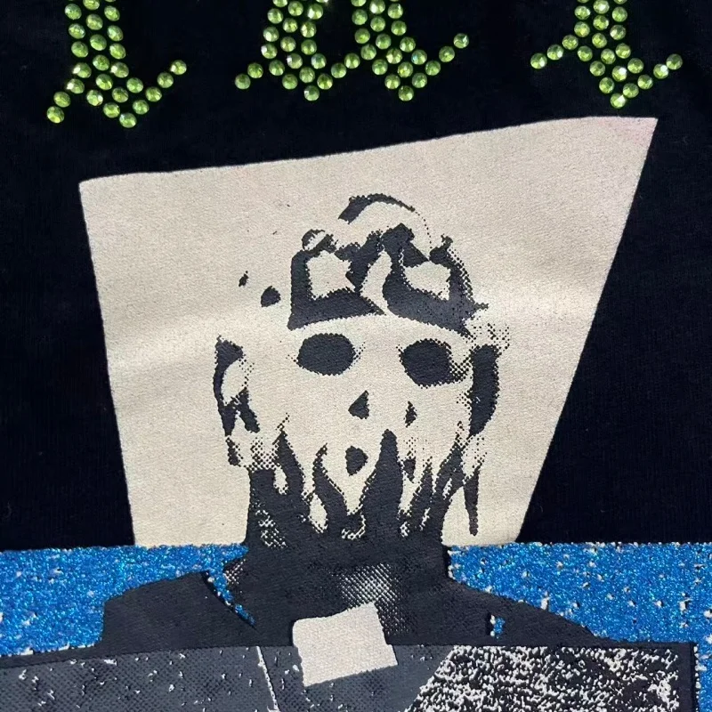 Paly Rhinestone Mask Print T-Shirt Unisex Streetwear Oversized Casual Hip Hop Short Sleeve