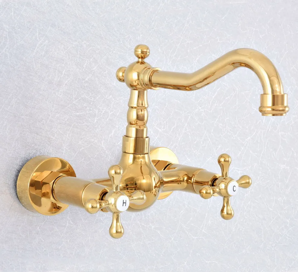 

Golden Brass Dual Handle Double Hole Faucet Wall Mounted Swivel Kitchen Bathroom Sink Cold And Hot Water Mixer Tap 2sf621