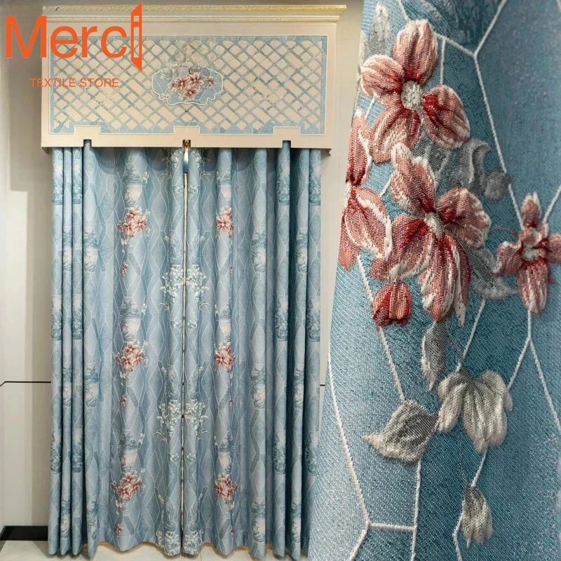 European Blue Thick 3D Embossed Curtain For Living Room Bedroom Kitchen Hotel  Luxury Full Light Shading Jacquard Decoration