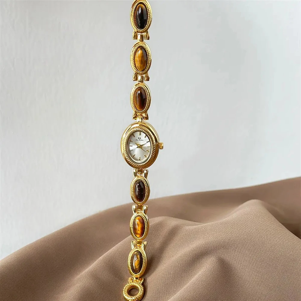 ผู้หญิงนาฬิกาทอง Vintage สร้อยข้อมือหยกสีน้ําตาลขนาดเล็กควอตซ์สวมใส่ทุกวันนาฬิกาหรูหรากันน้ําสุภาพสตรีนาฬิกาของขวัญ