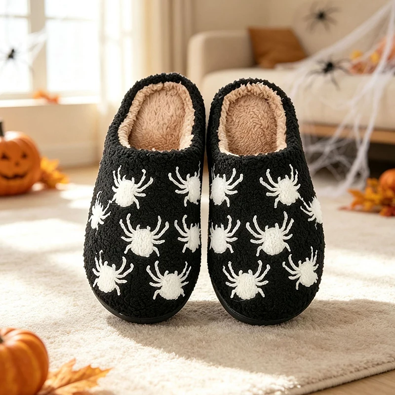 Halloween Fluffy Women Slippers Home Winter Plush Cartoon Spider Pumpkin Designer Shoes Girl Indoor Fuzzy Fur Slides Unisex Soft image 5