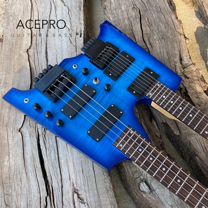 Double Neck Headless Electric Guitar Blue Flame Maple Top, Tremolo Bridge 6 String Guitarra+4 String Bass Combo