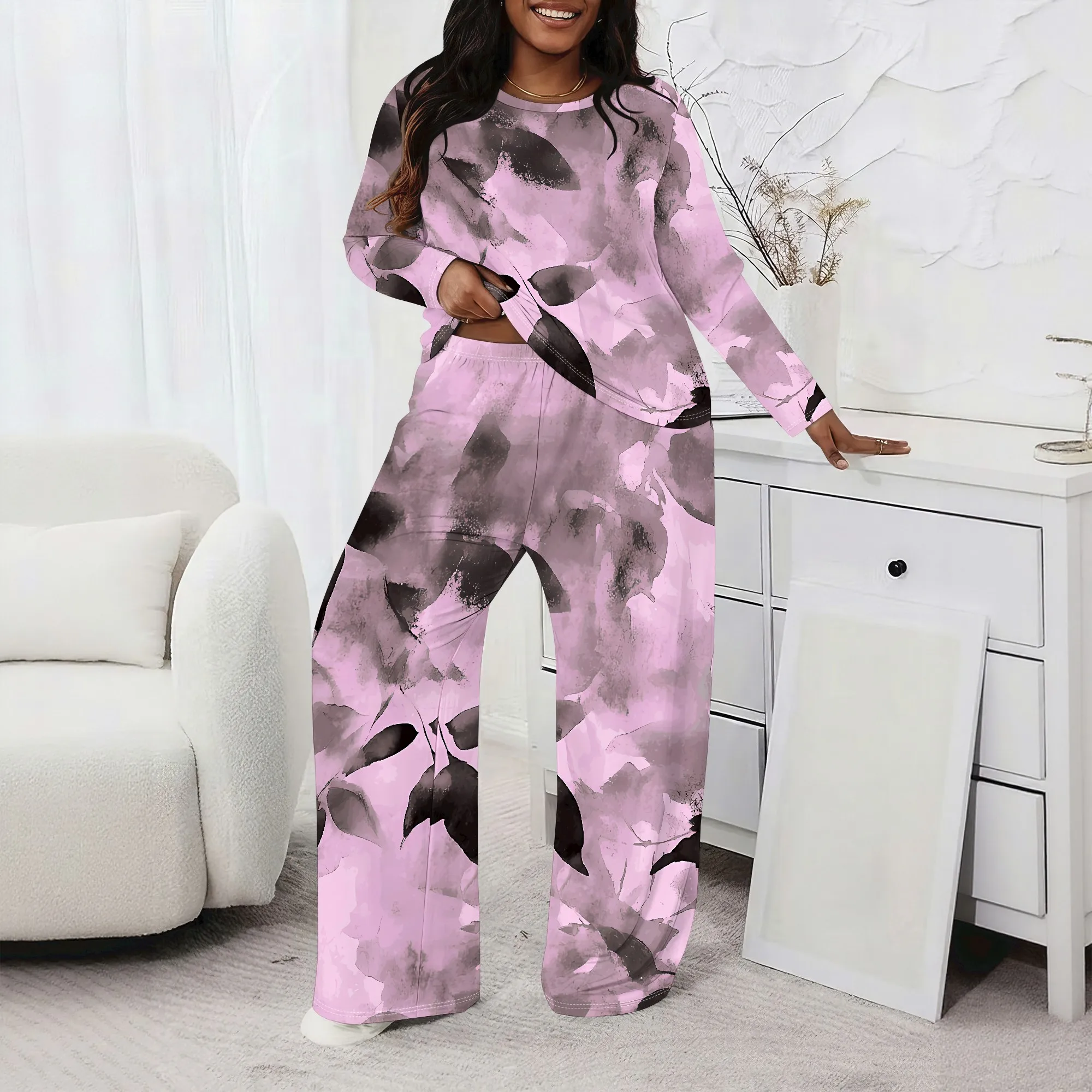 Plus size Women two-piece set with 3D geometric print casual loose round neck long sleeved two-piece set (pocket)