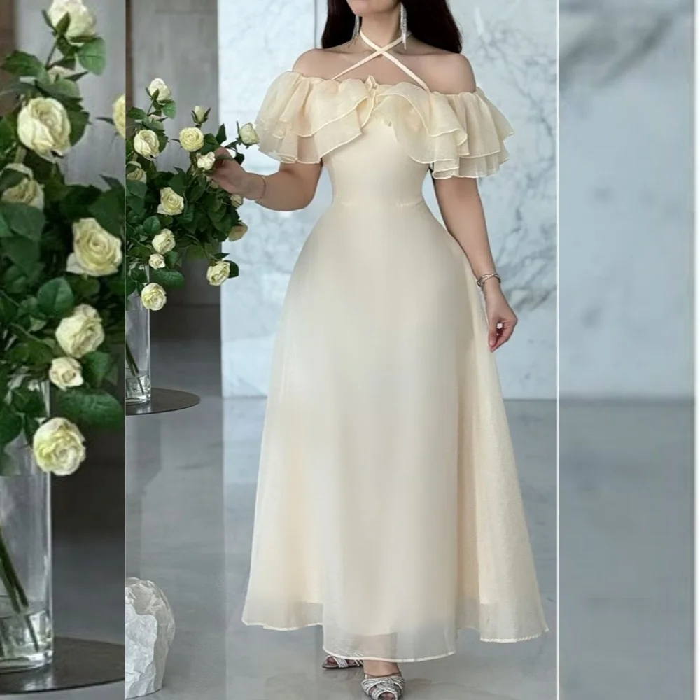 

Customized Simple Pastrol Organza Pleat A-line Halter Midi Dresses Bespoke Occasion Modern Style Intricate