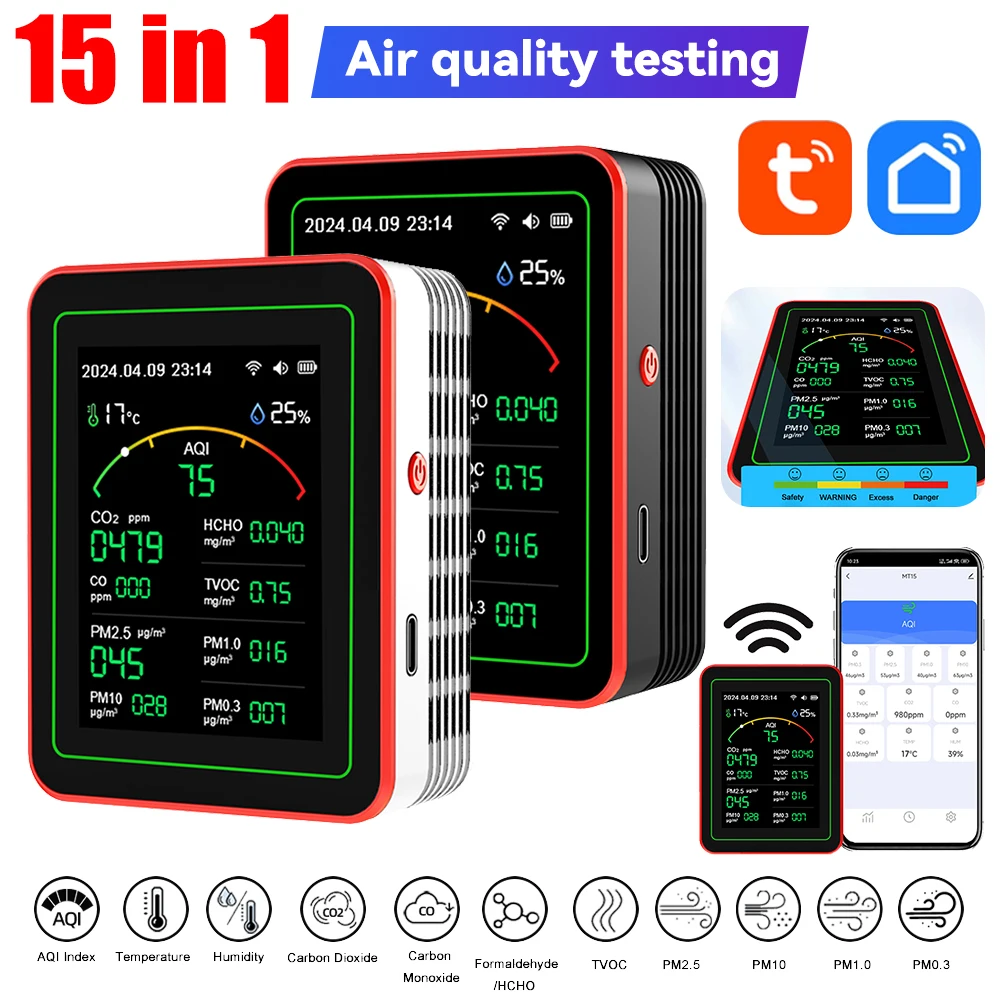 WiFi 15 in 1 공기질 감지기 TFT 디스플레이 휴대용 AQI PM0.3 PM1.0 PM2.5 PM10 테스터 앱 제어 온도 습도계