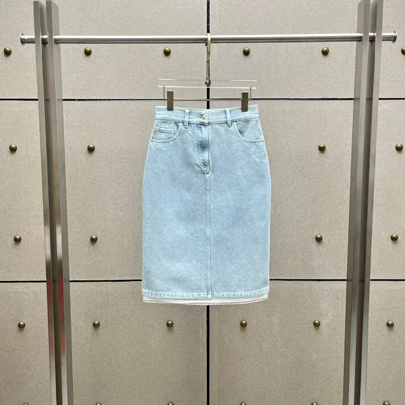 Women's Skirt: High-Waisted, Fitted Maxi Skirt; High-Quality Lace-Panel Denim Skirt; Y2K Style; New for Summer 2026