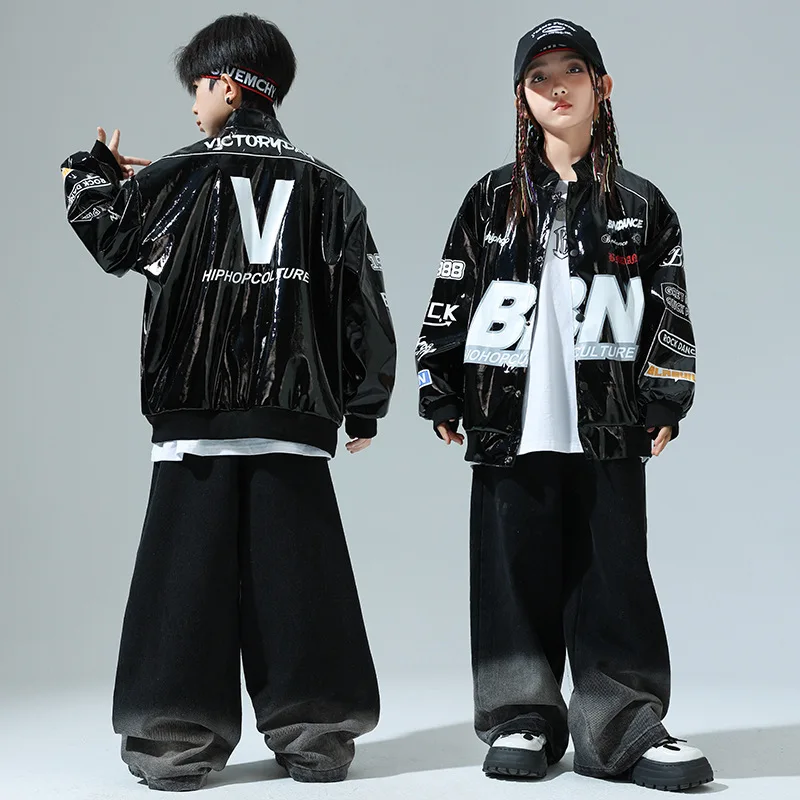 Kid Cool Hip Hop Clothing Black PU Letters Print Motorcycle Jacket Casual Denim Jeans Pants for Girl Boy Dance Costume Clothes