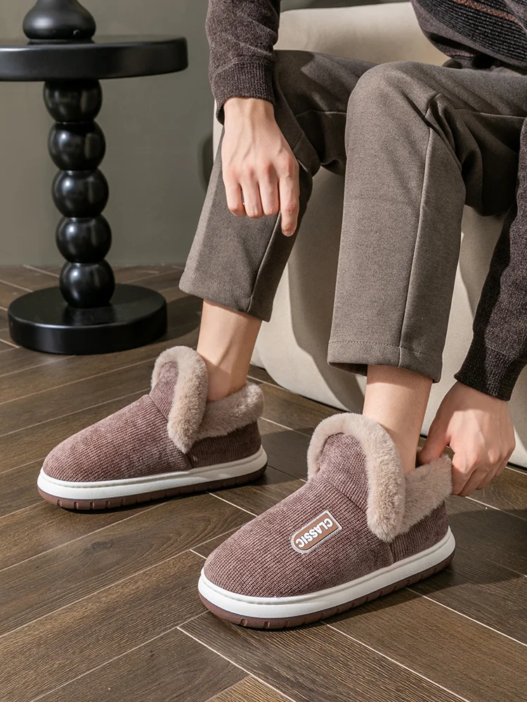 Herren-Winterhausschuhe für den Innenbereich, rutschfeste, warme, mit Plüsch gefütterte Slip-On-Stiefeletten mit Rücken für den Heimkomfort im Freien – Detail 3